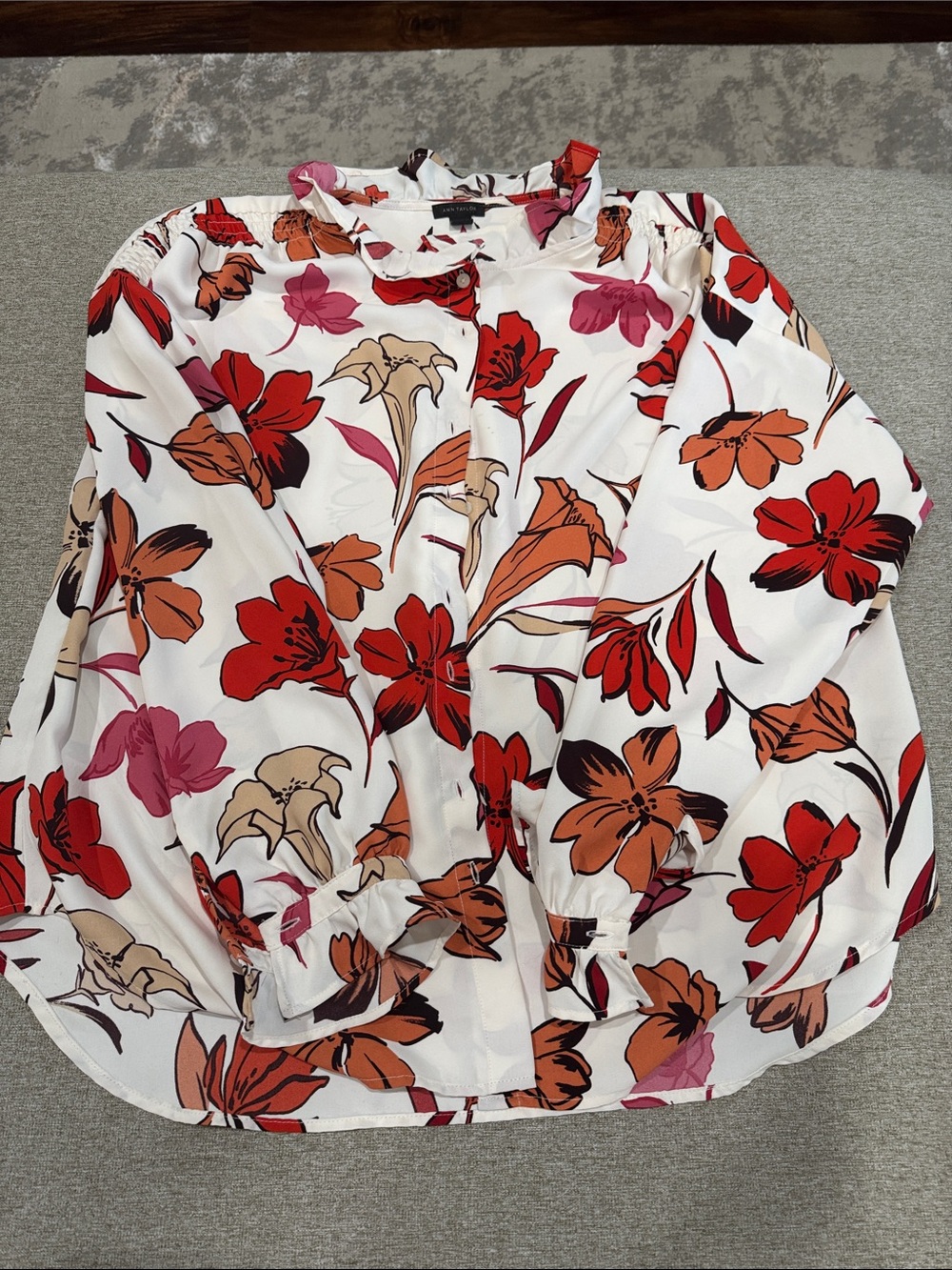 Women’s White Floral Button-Front Blouse with Red & Pink Bloom Print